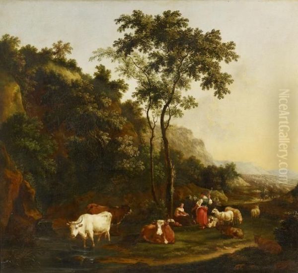 Landscape At Dusk With Shepherds Oil Painting by Nicolaes Berchem