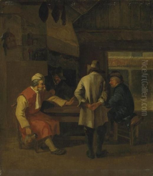 Men Drinking In An Interior Oil Painting by Job Adriaensz. Berckheyde