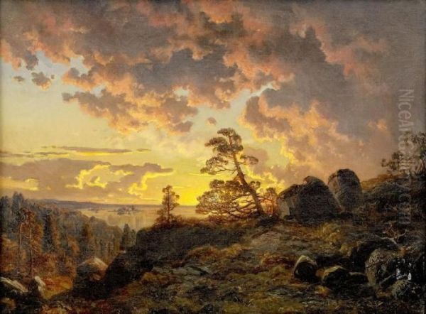 Solnedgang Over Fjarden Oil Painting by Edvard Bergh