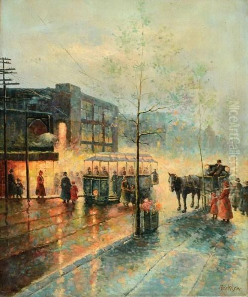 Railway Station Oil Painting by Antal Berkes