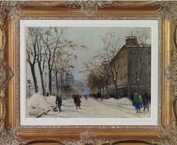 Winter Street Scene Oil Painting by Antal Berkes