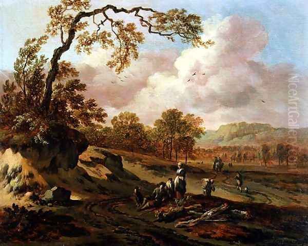 A Wooded River Landscape with Peasants on a Path Oil Painting by Jan Wynants