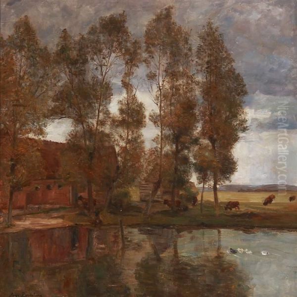 Landscape With A Farm And Cows In The Field Oil Painting by Aage Bertelsen