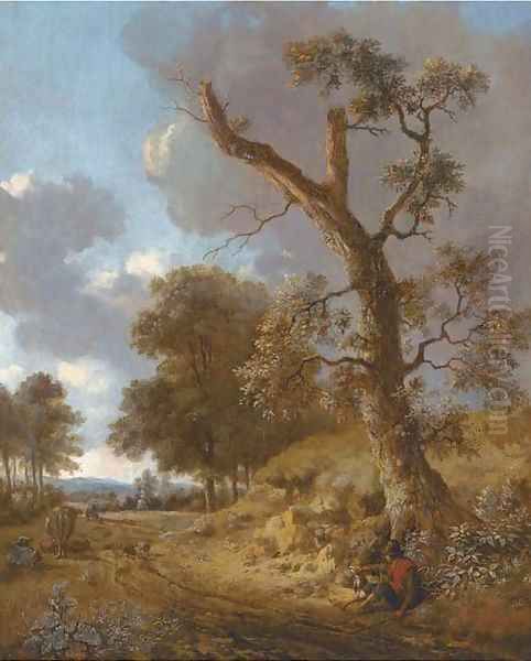 An extensive wooded landscape with a herdsman resting by a tree and hunters on a path in the distance Oil Painting by Jan Wynants