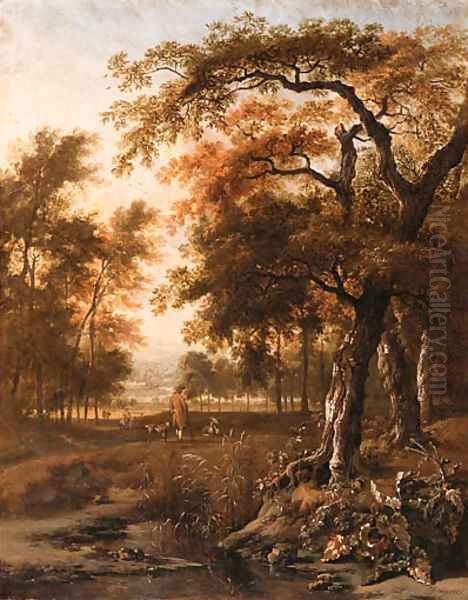 A wooded Landscape with Huntsmen resting by a path Oil Painting by Jan Wynants