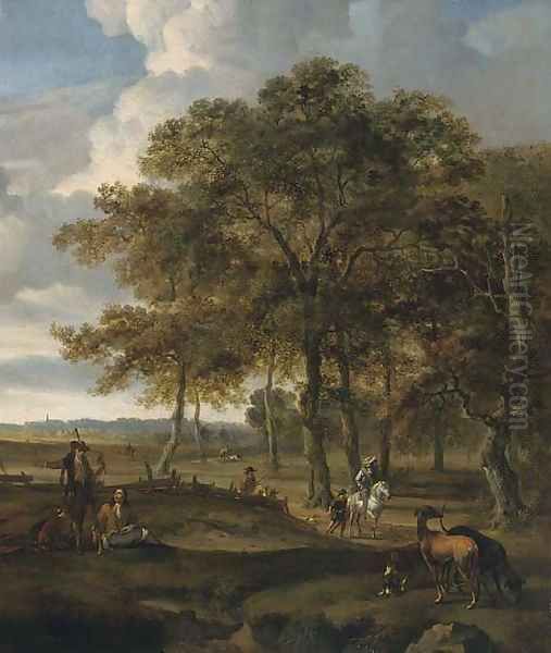 A landscape with a hawking party and hare coursing Oil Painting by Jan Wynants