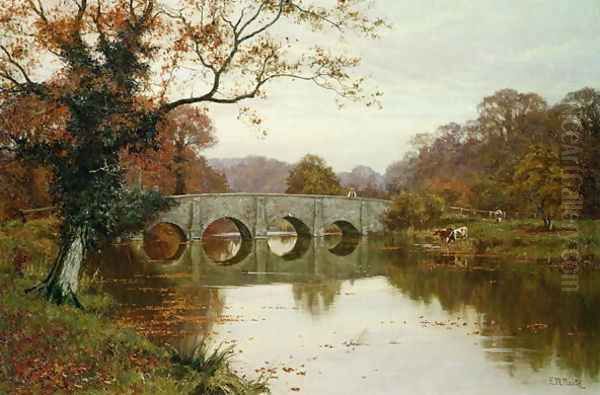 A Day in Late Autumn, Old Box Hill Bridge, Surrey Oil Painting by Edward Wilkins Waite