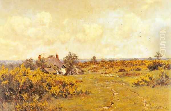 A gaggle of geese on a fram track in a Surrey landscape, a cottage beyond Oil Painting by Edward Wilkins Waite