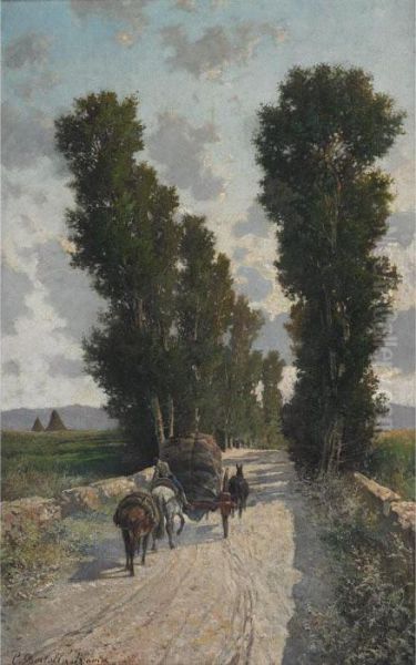 Horses Hauling A Loaded Cart Outside Rome Oil Painting by Cesare Bertolla