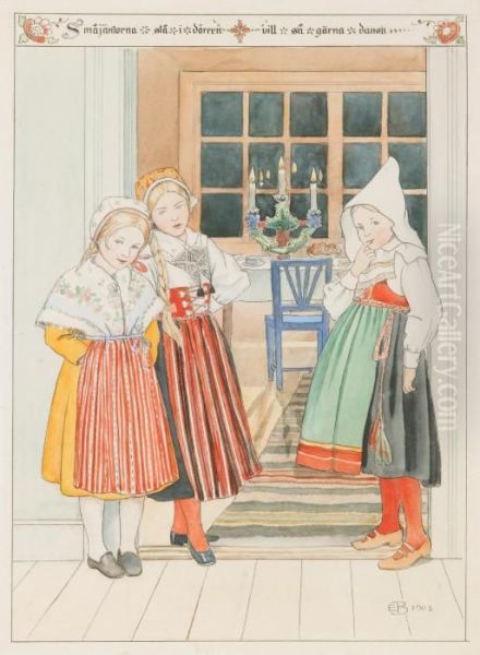 Smajantorna Sta I Dorren - Vill Sa Garna Dansa Oil Painting by Elsa Beskow