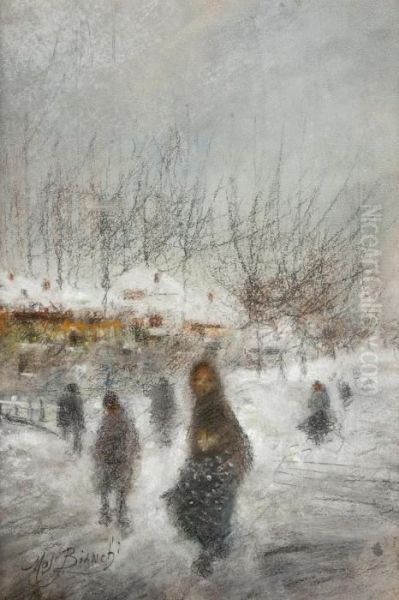 Paesaggio Innevato Con Bambini Oil Painting by Mose Bianchi