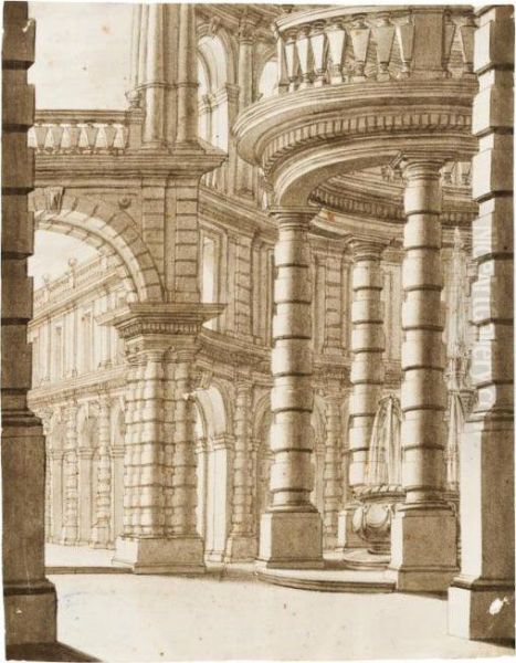 Architettura Con Porticato E Colonne Oil Painting by Ferdinando Galli Bibiena