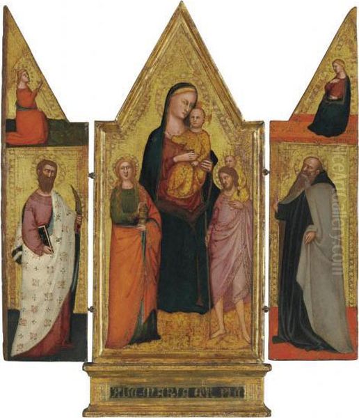 A Triptych: The Madonna And Child With Saints Mary Magdalene And Christopher Oil Painting by Bicci Di Lorenzo