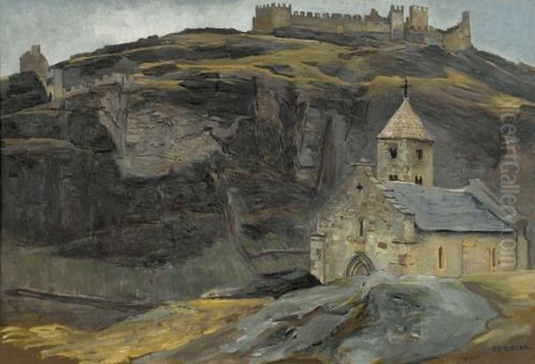 Le Chateau De Tourbillon Et La Chapelle De Tous-les-saints Oil Painting by Ernest Bieler