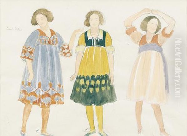 Drei Kostumierte Frauen. Oil Painting by Ernest Bieler