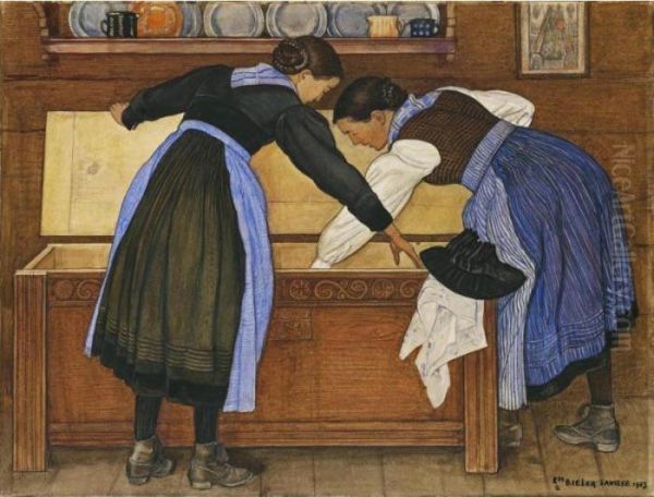 Two Girls From Valais Oil Painting by Ernest Bieler