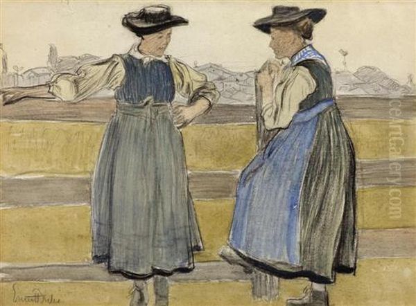 Zwei Walisserinnen. Verso Skizze
 Zu Einem Lesenden. (two Welsh Women) (verso Sketch Of A Man Reading) Oil Painting by Ernest Bieler