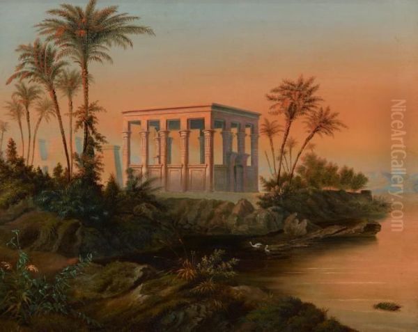 The Ancient Temple On The Island Of Philae In Aswan Oil Painting by Karl Eduard Biermann