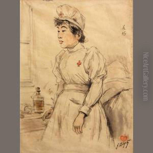 A Japanese Nurse By A Bedside Oil Painting by Georges Ferdinand Bigot