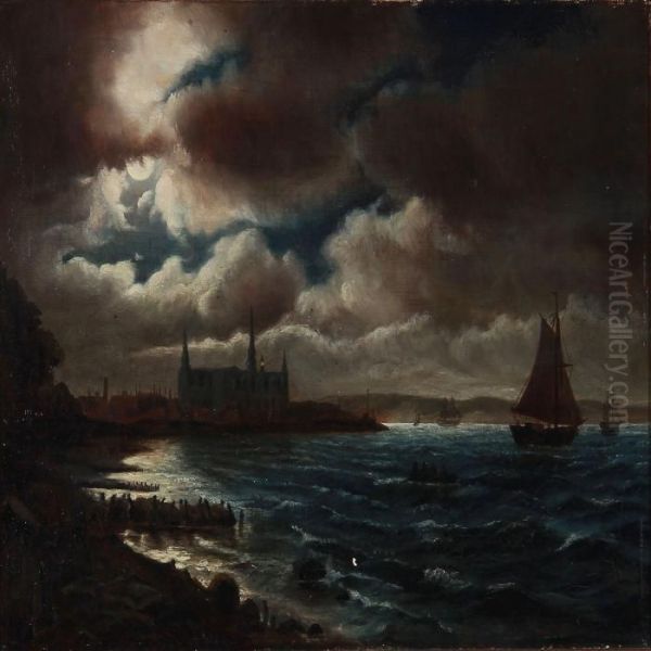 Evening Coastal Scene With A View Towards Kronborg Castle Oil Painting by Carl Ludwig Bille