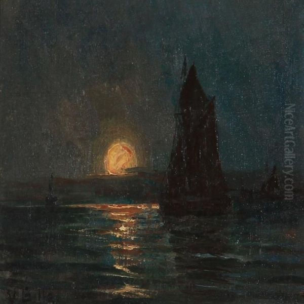 Seascape In Moonlight Oil Painting by Vilhelm Bille