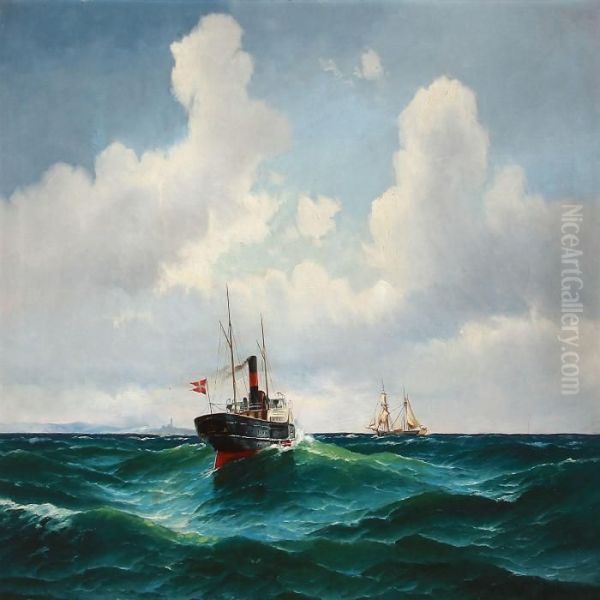 Seascape With A Steamship And A Sailing Ship Oil Painting by Vilhelm Bille