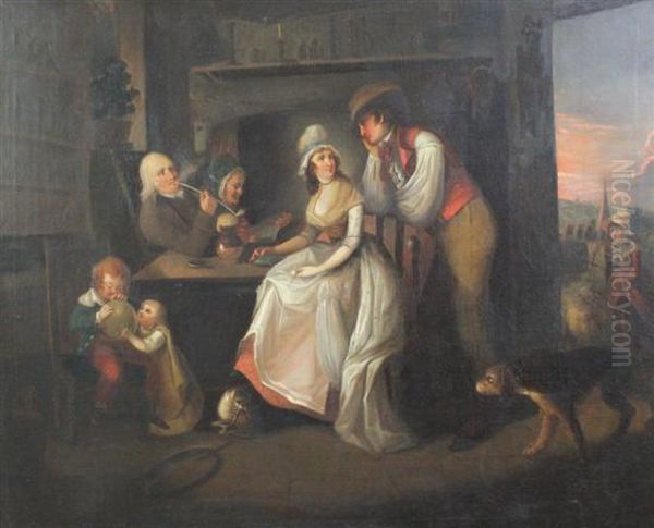 Cottage Interior With Figures Around A Table Oil Painting by Edward Bird