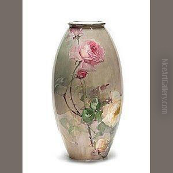 Ovoid Vase With Pink And Yellow Roses Oil Painting by Franz Bischoff