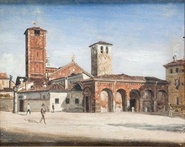 La Basilica Di Sant'ambrogio A Milano Oil Painting by Luigi Bisi