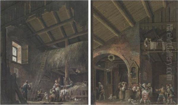 Barn Interiors With Figures Oil Painting by Giuseppe Bernardino Bison