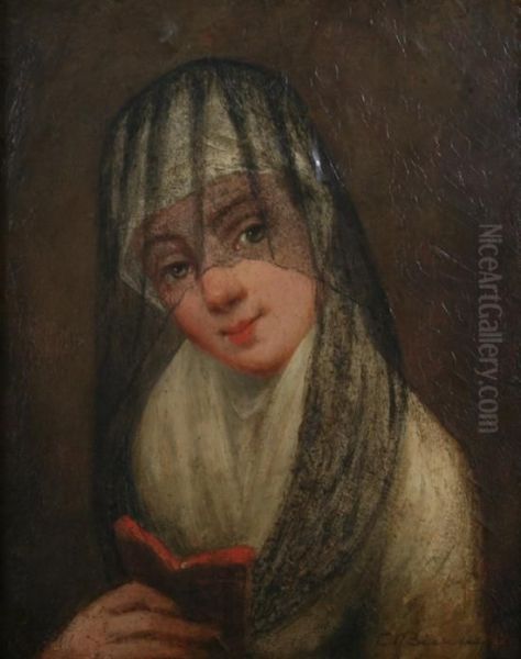 Young Girl In A Veil Holding A Book Oil Painting by Christoffel Bisschop