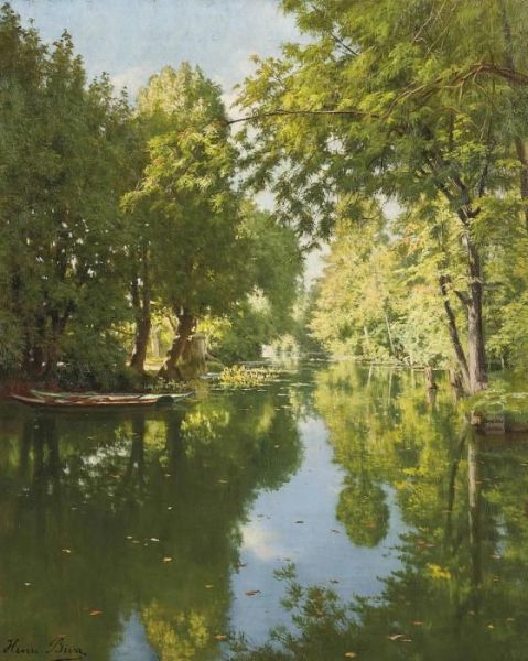 Punts Moored On Still Waters Oil Painting by Henri Biva