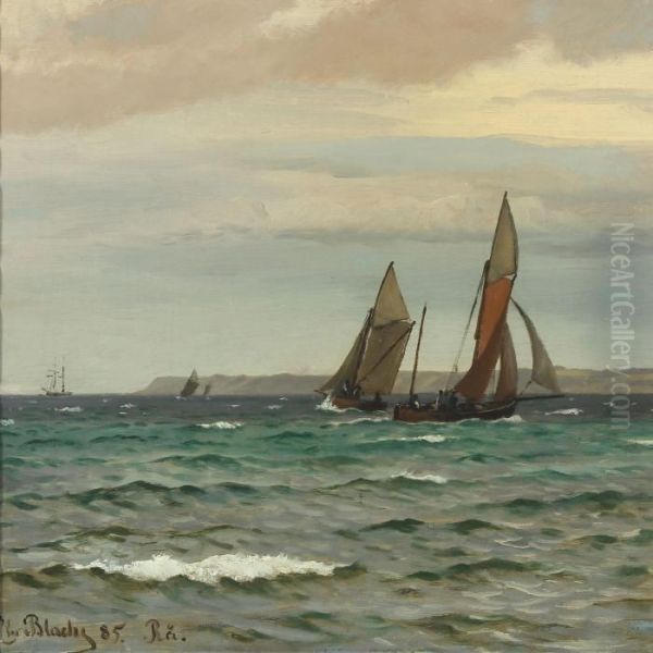 Saling Boats Along The Swedish Coast Of Raa Oil Painting by Christian Vigilius Blache