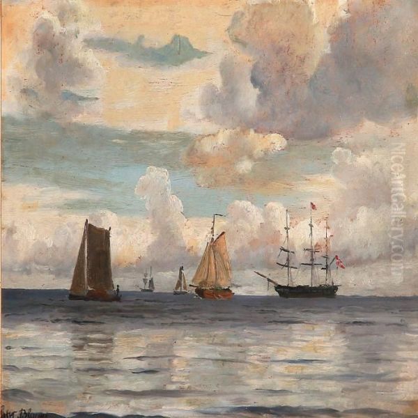 Seascsape With Sailing Ships At A Calm Sea Oil Painting by Christian Vigilius Blache