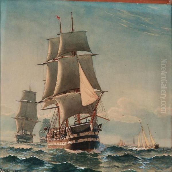 Seascape With Ships Of The Line In Convoy Oil Painting by Christian Vigilius Blache