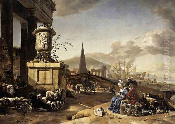 An Italian Seaport c. 1666 Oil Painting by Jan Weenix