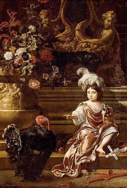 A Boy Seated On A Terrace With His Pet Monkey And a Turkey, A Still Life Of Flowers In A Sculpted Urn At Left Oil Painting by Jan Weenix