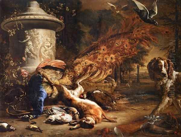 Still-Life with a Peacock and a Dog Oil Painting by Jan Weenix