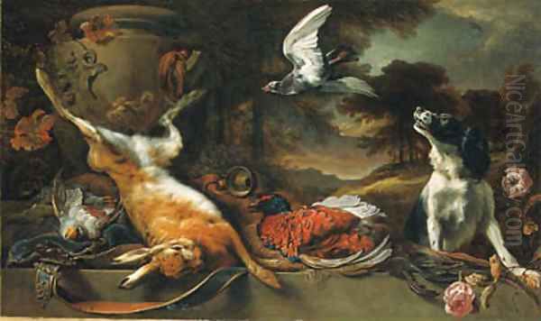 A spaniel and a pigeon with a brace of partridge, a cock pheasant and a hare, a horn, and a satchel with a stone urn on a ledge with roses Oil Painting by Jan Weenix