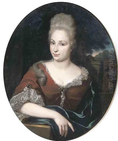 Portrait of a lady, half-length, in a red dress and lace chemise, a park beyond Oil Painting by Jan Weenix