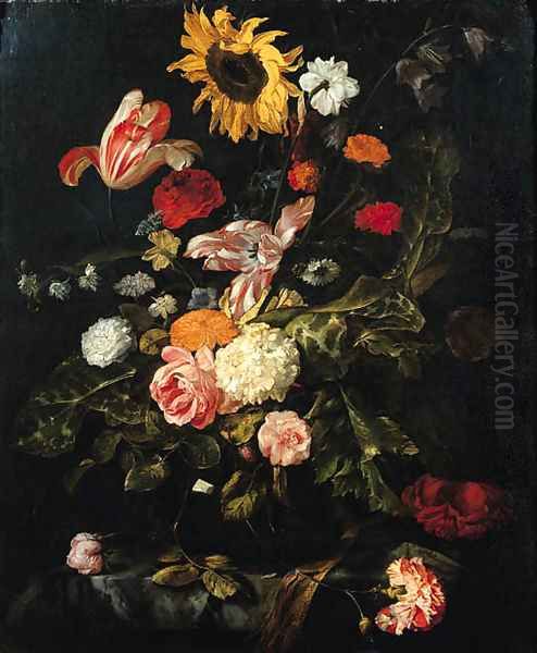 A sunflower, roses, parrot tulips, a carnation and other flowers in a glass vase on a partly draped marble table Oil Painting by Jan Weenix