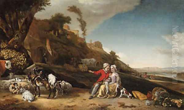 A young couple with goats and sheep in an Italianate landscape Oil Painting by Jan Weenix