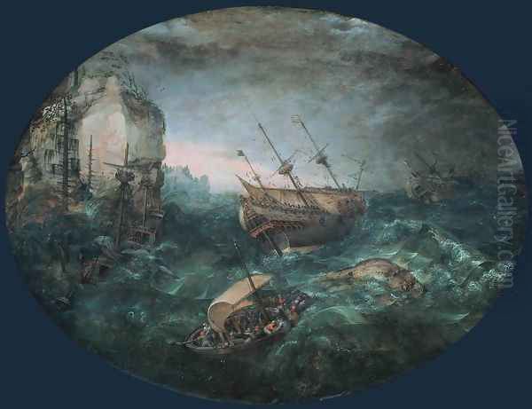 Shipwreck off a Rocky Coast 1614 Oil Painting by Abraham Willaerts