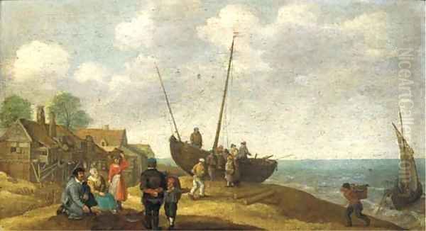 A coastal landscape with fish sellers by a beached boat, a village beyond Oil Painting by Abraham Willaerts