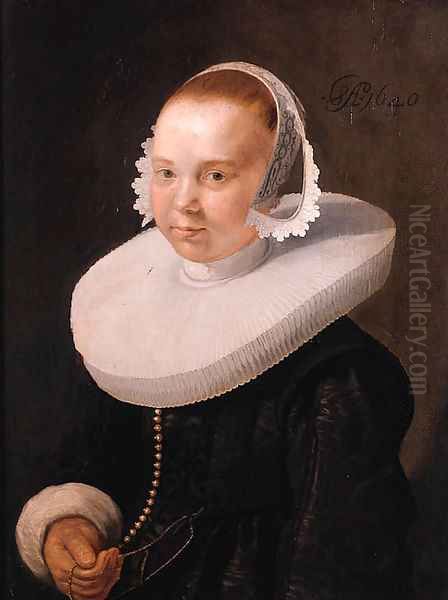 Portrait of a young woman, half length, wearing a black dress with molensteenkraag, lace cuffs and bonnet Oil Painting by Abraham Willaerts