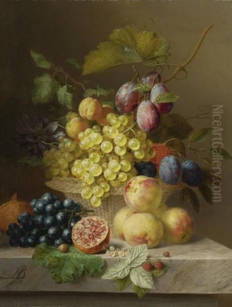 Still Life Of Flowers And Fruit On A Ledge Oil Painting by Arnoldus Bloemers