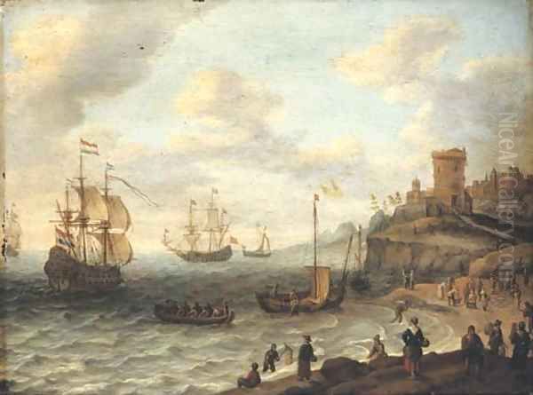 A coastal landscape with shipping and fishermen selling their catch, a fortified settlement on the cliffs beyond Oil Painting by Abraham Willaerts