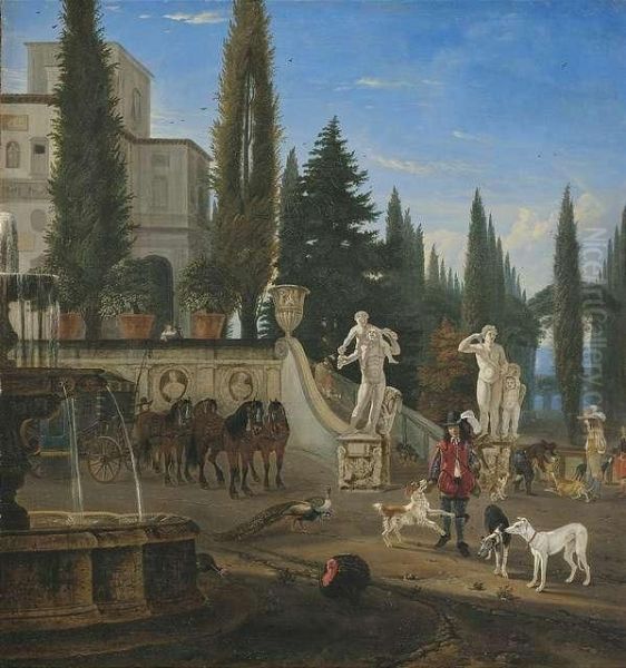 Eine Jagdgesellschaft Trifft Sich Vor Einer Italienischen Villa Oil Painting by Jan Blom