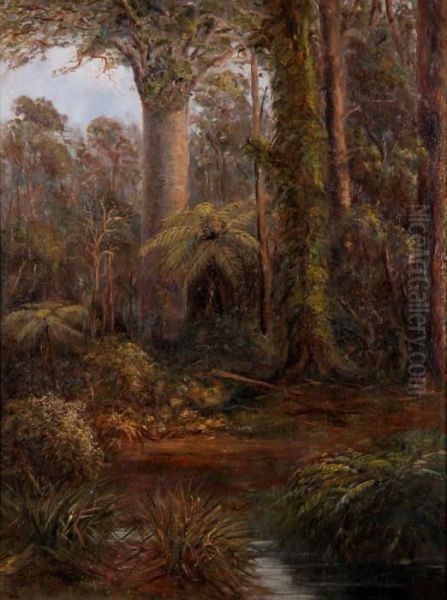 Bush Scene With Kauri Trees Oil Painting by Charles Blomfield