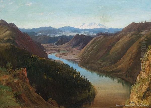 Wanganui River With Ruapehu Beyond Oil Painting by Charles Blomfield